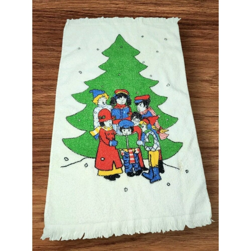 Vtg Cannon Christmas Carolers Cotton Hand Towel Kitchen 80s Holiday READ